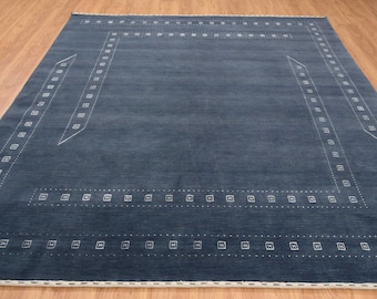 Handmade Blue Gabbeh Wool Rug, Modern Minimalist Area Rug, 9x12
