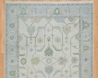 Cream Hand Knotted Wool Rug | Faded Blue-Green Geometrical Turkish Oushak Rug | New Handmade Large Area Rug | AR_3654