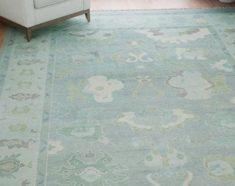 Blue Area Rug, Turkish Oushak Rug In Silver Green Ivory Purple Accents, Muted Turkish Rug, Multicolored Rug: The Iceberg Wool Rug AR_3623