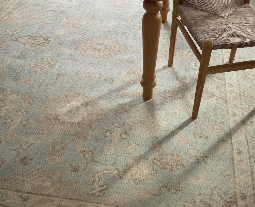 Hand-knotted Wool Area Rug, Muted Blue Beige, Vintage Turkish Design AC ...