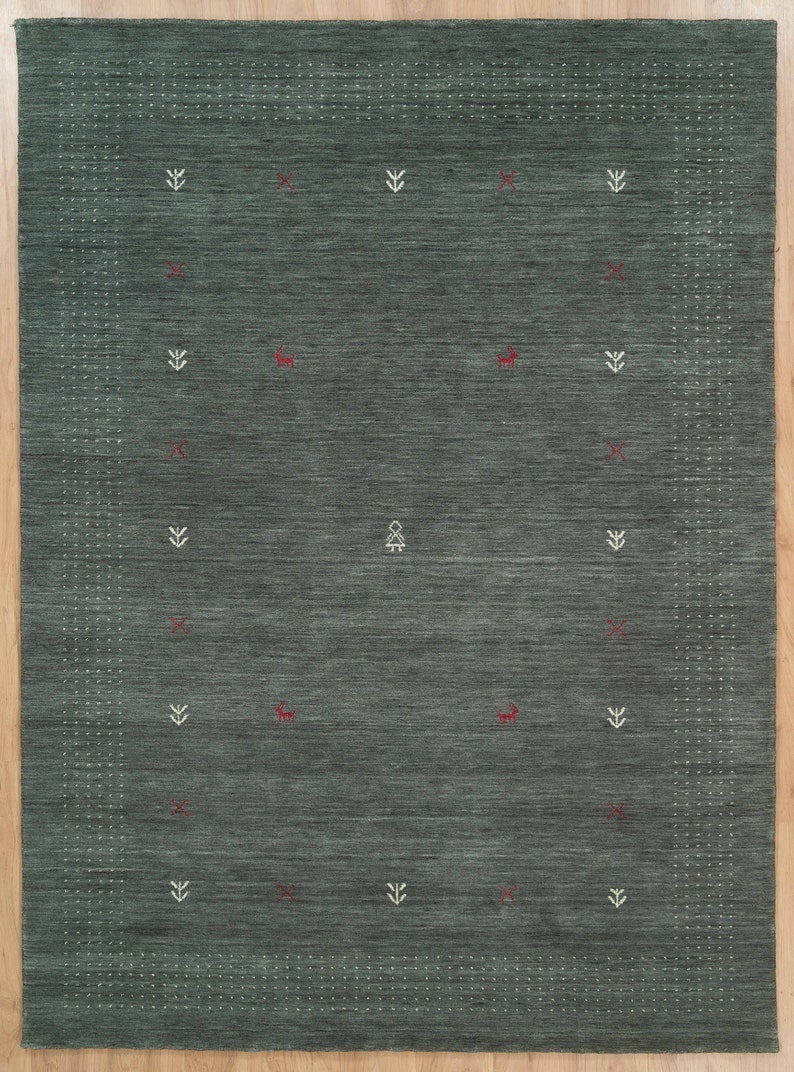 Greengray Area Rug, Gabbeh Rug Ivory Red Tribal Pattern, Minimal Solid