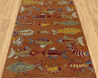 Handmade Terracotta Wool Fish Rug, Coastal Folk Art Design  Trc_9064