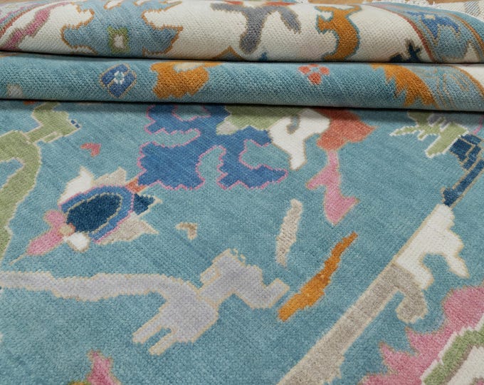 Featured listing image: Teal Rug 9x12, Colorful Oushak Rug 8x10, Wool Rug Green Orange & Pink Accent, Turquoise Turkish Rug, Living Room Area Rug: Bella AR_3318