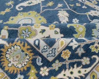 Handknotted Wool Oushak Rug, 8x10 Navy Blue Green Floral Turkish Carpet AR_3239
