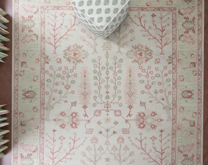 Featured listing image: Ivory Rug, Pink Coral Green Area Rug, Handmade Wool Rug Girls Room, Turkish Oushak Rug 8x10 Modern, Pastel Home Decor Rug 9x12 AR_3846