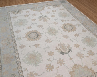 Handmade Oushak Wool Rug Ivory Blue Beige Turkish Floral Medallion Area Carpet AR_10076