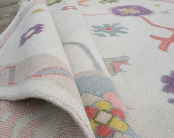 Pastel Oushak Hand Knotted Wool Area Rug Ivory Multicolor Floral Turkish Rug, Living Room  Boho Home Decor4x6 to 12x15 ft. AR_3884
