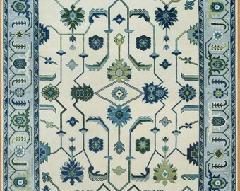 Hand-Knotted Wool Oushak Rug, Ivory, Blue, Green Accent, Contemporary Turkish Rug  AR_3784