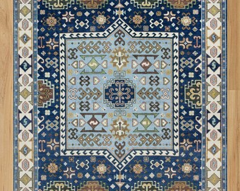 Hand Knotted Navy Oushak Wool Rug, Geometric Living Room Carpet  AR_3709