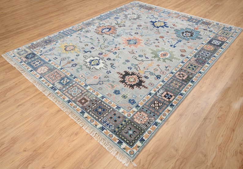 Light & Dark Gray Area Rug, Modern Oushak Rug Gold Ivory Accent, Blue