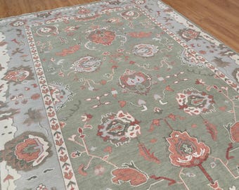 Handmade Oushak Wool Rug: Sage Green, Coral Floral, Vintage Style