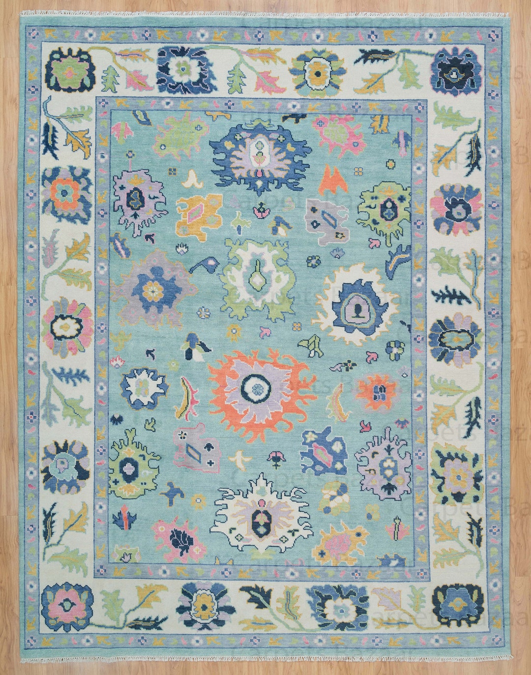 Pastel Sky Blue Floral Rug With Color Pop Handmade Contemporary Oushak