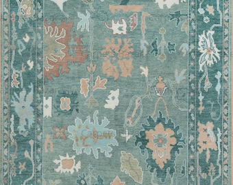 Handwoven Wool Oushak Rug, Green and Blue, Custom Carpet AR_3685