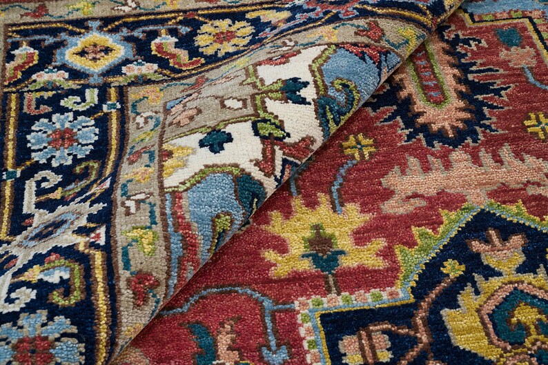 Red Blue Oushak Rug 9x12, Modern Turkish Rug Charcoal Border, Blue