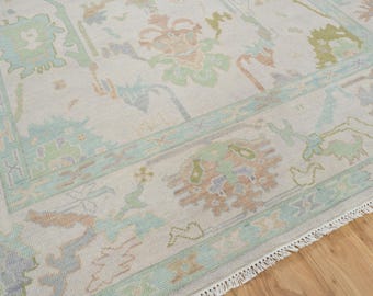 Beige Green Rug, Modern Oushak Rug, Muted Area Rug, Neutral Color Rug, Blue Brown Turkish Wool Rug, Custom Carpet: Good Vibrations AR_3656