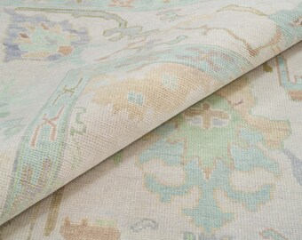 Modern Oushak Rug 9x12, Beige Green Area Rug, Neutral Color