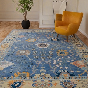 Blue Oushak Rug, Modern Colorful Rug, Lemon & Orange Accent Turkish Rug, Ivory Area Rug For Living Room: Southern Charm Wool Rug AR_3307