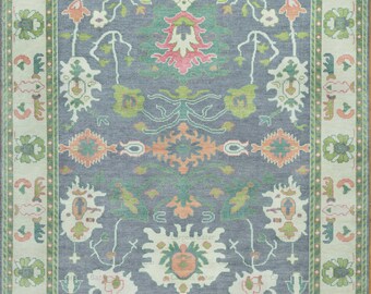 Handwoven Wool Oushak Rug, Blue Gray, Floral Pastel Rug, 8x10  ARN_015