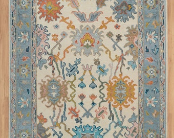 Ivory Hand knotted Contemporary Oushak Rug | 6'X9' Grey Border Area Rug | New Floral Wool rug AR_3609