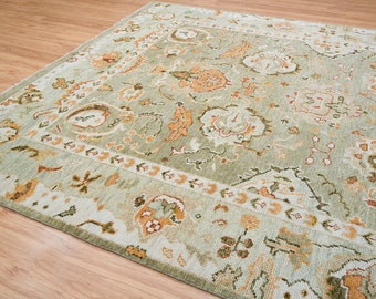 Oushak Rug Embassy Green Shale Color, Large Wool Rug, Modern Rug Orange Accent, Handmade Area Rug For Living Room: The Neutral C_3208
