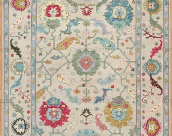 Cremefarbener Oushak Wollteppich, Regenbogen Floral, Handgeknüpfter feiner Wollteppich AR_3720