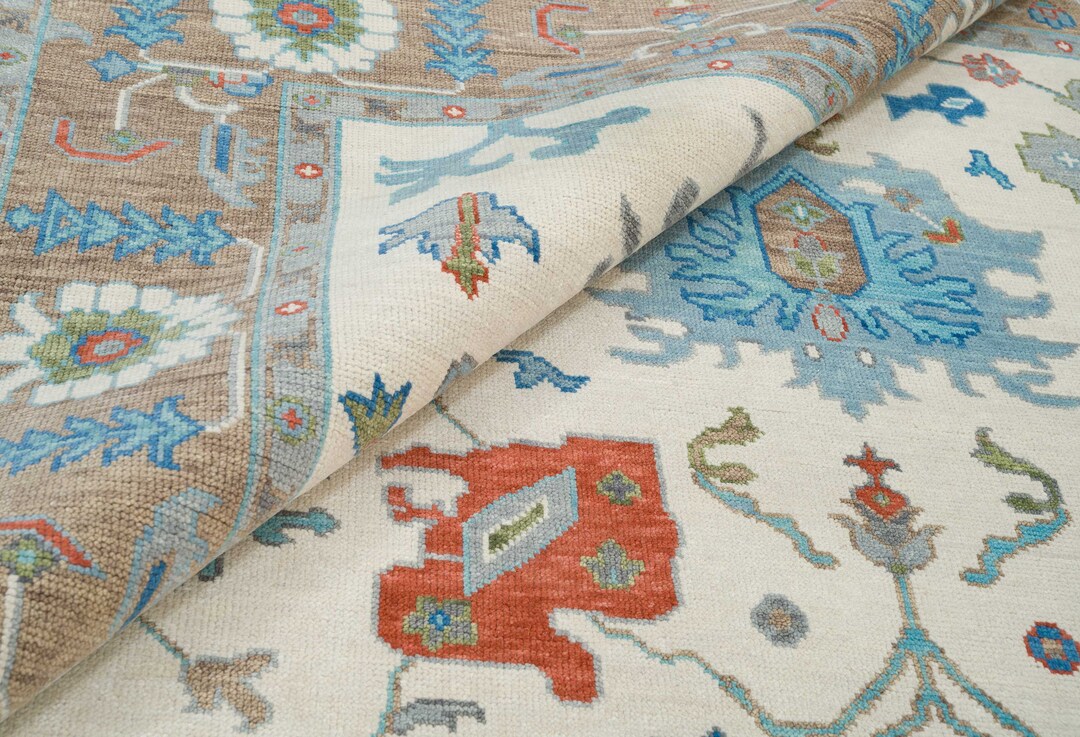 Colorful Oushak Rug in Blue & White, Modern Turkish Oushak in Teal, Bright Wool Rug for Living