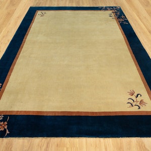 9&#39;x12&#39; Opulence Unveiled Luxurious Oriental Deco Style Rug in Handmade Vintage Beauty Beige Field and Navy  Border D_6062