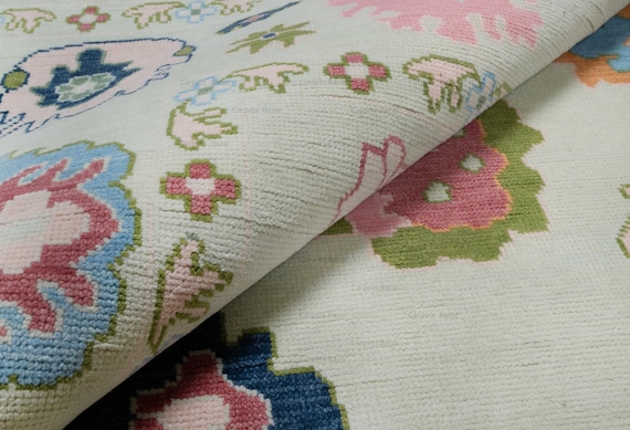 Mint Green Oushak Rug 8x10, Floral Wool Area Rug, Handmade Turkish Carpet AR_3837