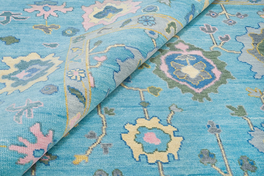 Buy Sky Blue Farmhouse Oushak Rug Green, Pink & Gold Accent Rug New