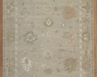 Handknotted Wool Oushak Rug, Taupe Blue Beige, Vintage Style AN_320