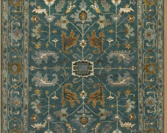 Green Oushak Wool Rug, Mustard Gold and Cream Accents, Handmade Area Rug AS_10116