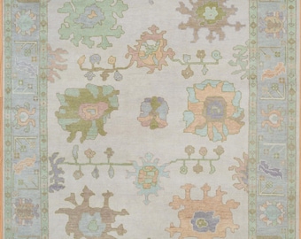 Beige Oushak Rug, Blues Greens Soft Peach Accents, Faded Gray Area Rug, Muted Wool Rug, Large Indoor Carpet Rug: Misty Morning AR_3655
