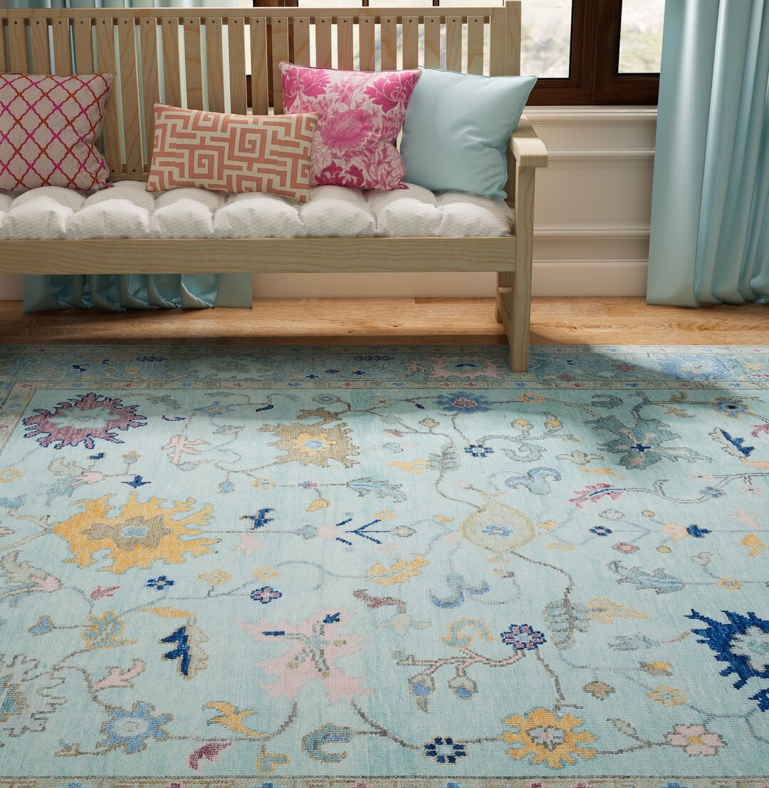 Bright Blue Oushak Rug, Teal Turkish Rug, Aquamarine Handmade Area Rug