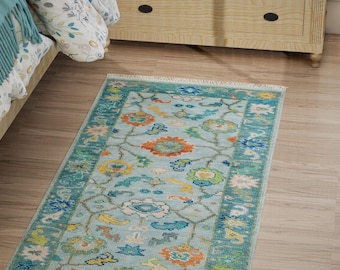 Teal Runner, Blue Floor Runner, Green Orange Area Rug  Runner, Long Wool Rug, Handwoven Oushak Rug Runner 2.5x5 Turkish Runner Atlas AR_3751