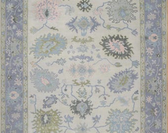 Hand-Knotted Wool Oushak Rug, Ivory, Blue, Green, Floral AR_3845