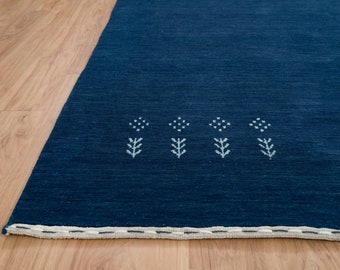 Tappeto Gabbeh in lana annodato a mano, blu navy, design minimalista 3011