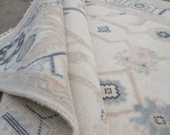 Handmade Oushak Wool Rug, Ivory beige Soft Blue Gray Floral Carpet AR_10102