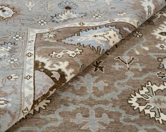 Handwoven Mocha Brown Wool Rug, Gray Oushak Style, Neutral Decor AR_3077
