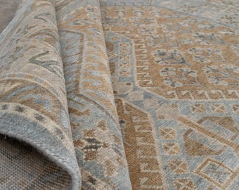 Handmade Oushak Wool Rug Camel Beige Blue Fine WoolGeometric Medallion Area Carpet