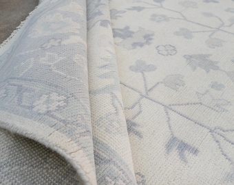 Handwoven Oushak Rug Soft Blue Beige  Floral Medallion Wool Carpet Large Area AR_10106