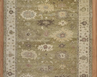 Hand-Knotted Oushak Rug: Olive Green Floral Medallion Wool Area Carpet