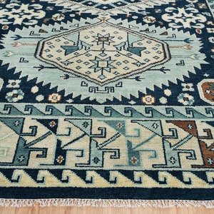Handwoven Medallion Turkish Rug 6x9: Navy, Teal, & Ivory Wool