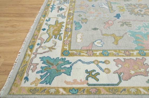 Gray White Oushak Rug 8x10, Colorful Area Rug 9x12, Mustard Gold Teal Ocean Blue Rug, Modern Wool Rug: Venus Blushes AR_3788