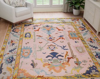 6' X 9' Handmade Farm house Rug  | Salmon Pink and Navy Accent Rug | New Modern Turkish Wool Rug AR_3602