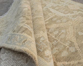 Handwoven Wool Oushak Rug, Taupe Green, Muted Floral Carpet HL_10011