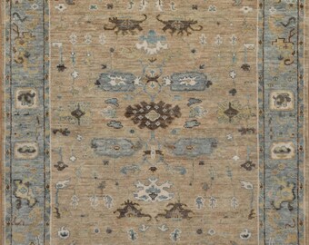 Hand-Knotted Oushak Area Rug in Warm Sand & Spa Blue | Traditional Floral Medallion  AS_10123
