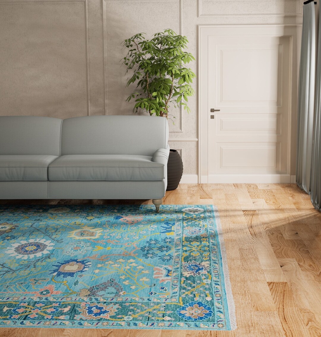Oushak Rug in Blue, Country Style Rug, Gray Turkish Rug With Peach Gold ...