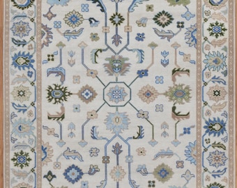 Hand-Knotted Wool Oushak Rug, Ivory, Blue, Green Accent, Contemporary Turkish Rug  AR_10107