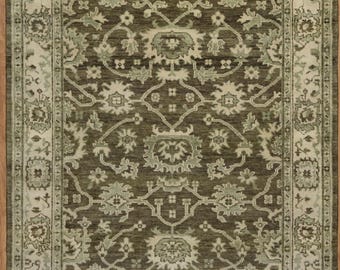 Hand-Knotted Oushak Area Rug – Classic Floral Vine Design in Olive Branch & Ivory AS_10122