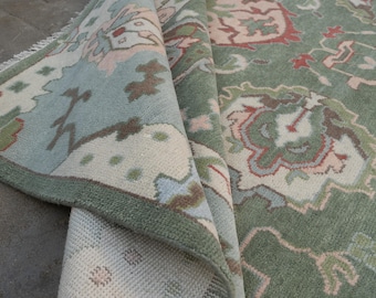 Oushak Hand-Knotted Wool Rug in Multiple Sizes Cushing Green Blue  Beige,  Rug for Living Room, Bedroom & Dining Hall AR_17749